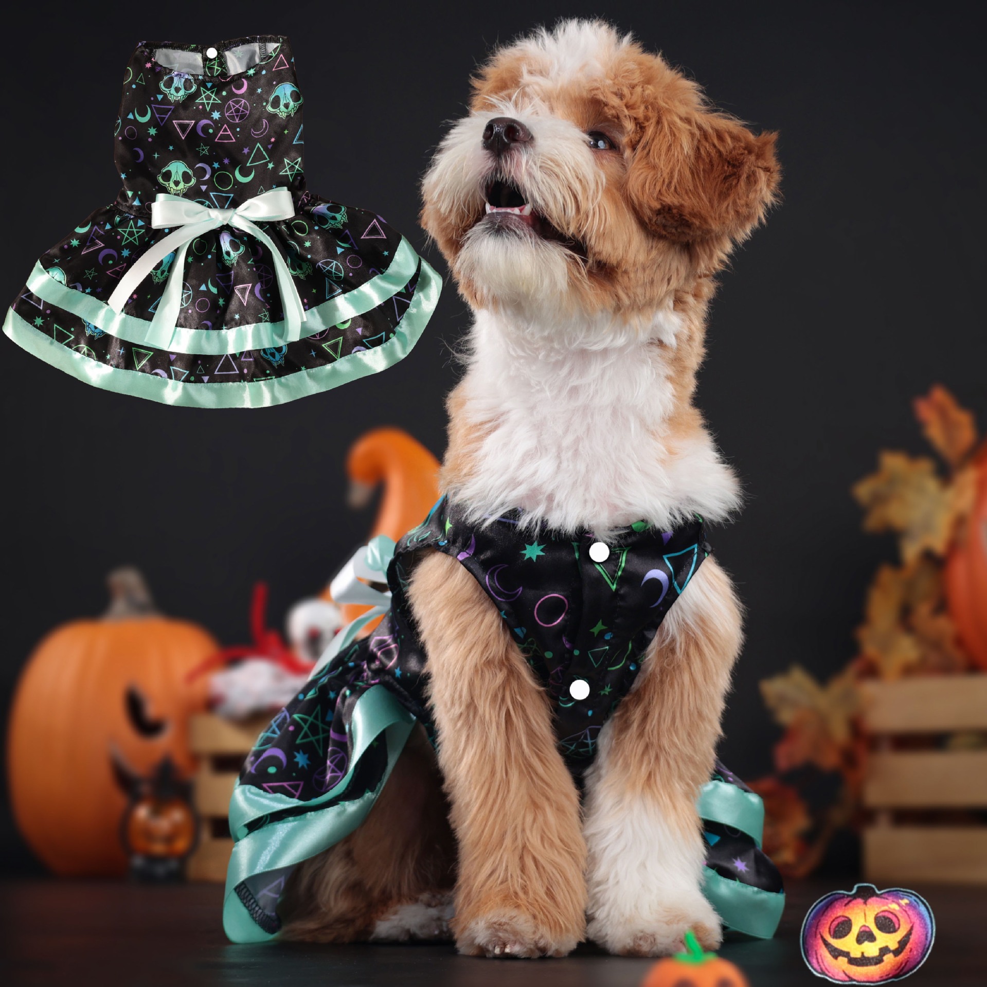 Halloween Dog Dress with Pumpkin & Skull Prints, Mesh Skirt & Big Bowknot, Festive Party Costume, for Dogs 2-14kg, Perfect for Halloween Parties, Them