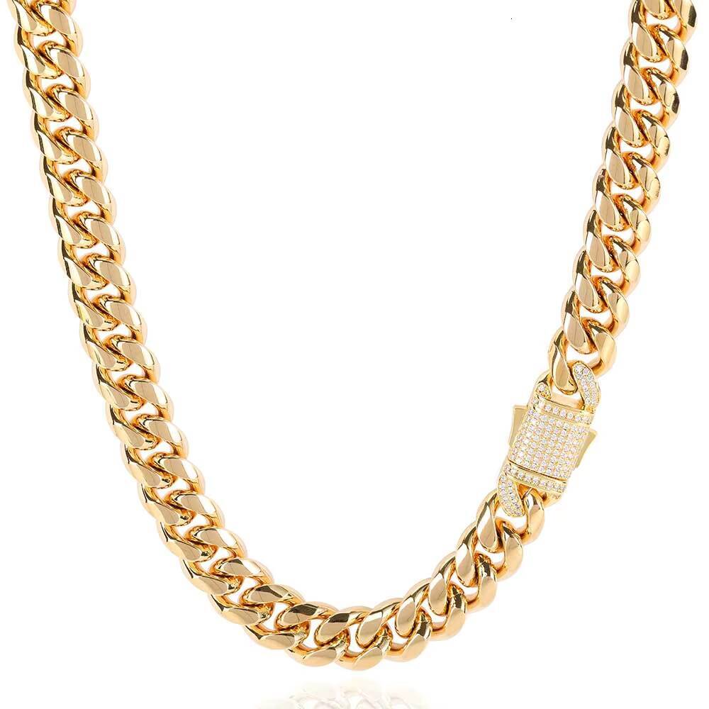 Unisex 10mm Cuban Link Necklace Micro Pave CZ Diamond Clasp Stainless Steel Chain Gold Plated Jewelry for Men and Womens Gift