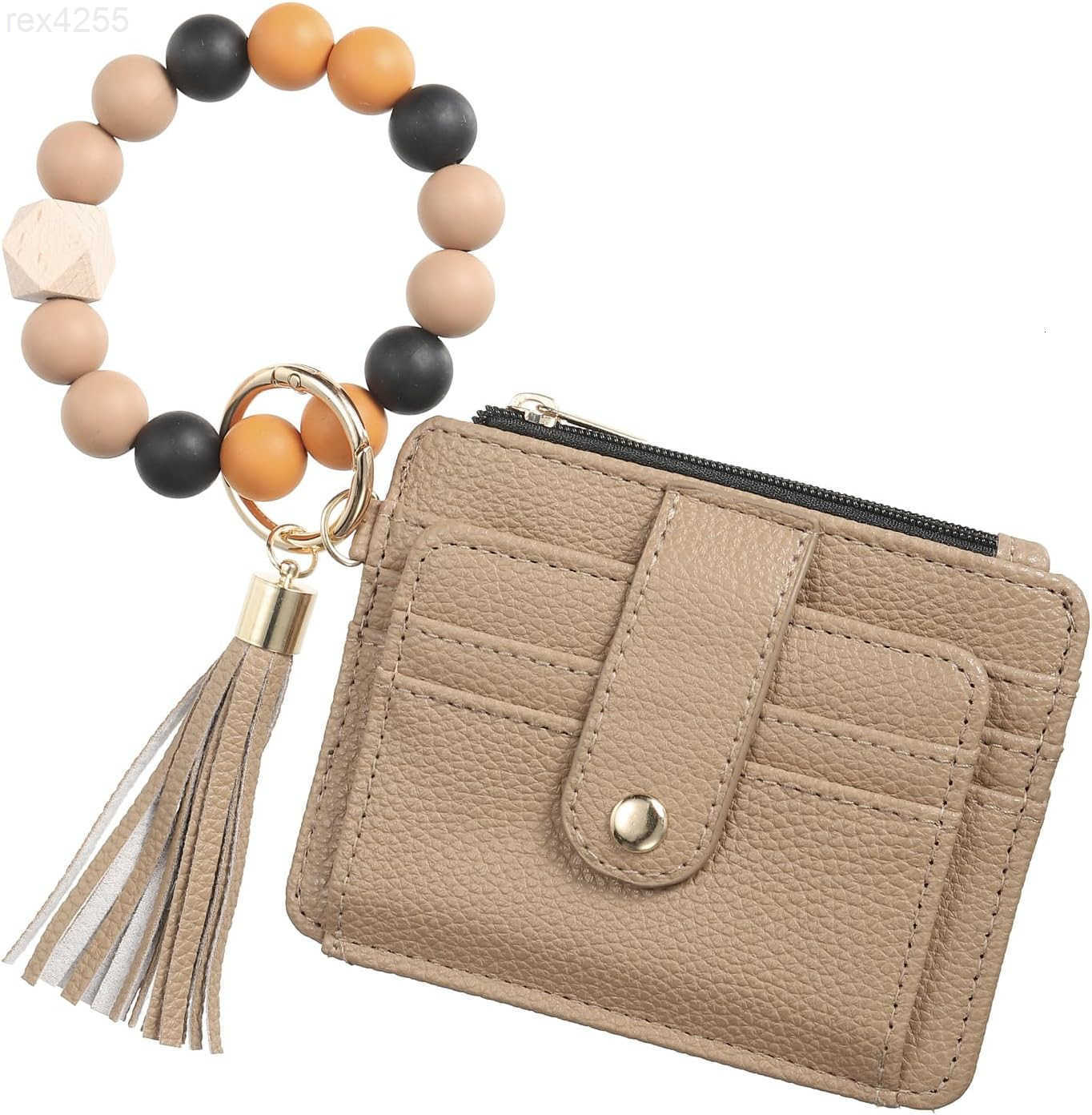 Small Credit Card Wallet with Keychain Wristlet Beads Ring PU Leather Card Holder 8 Card Slots 1 ID Window 1 Zipper Pocket Flower PrintW250911