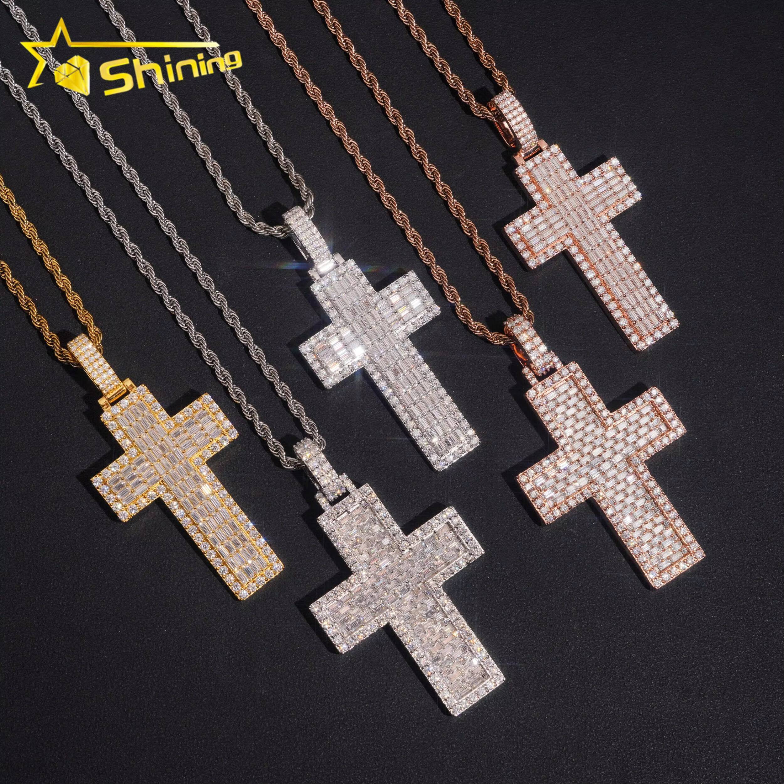 Pass Diamond Tester Baguette Diamond 925 Silver Iced Out Mens Cross Moissanite Hip Hop Pendant
