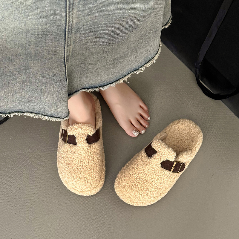 New designer shoes for women's fur leather shoes, winter plush lazy half toe slippers, outdoor new autumn and winter cotton thick soled shoes