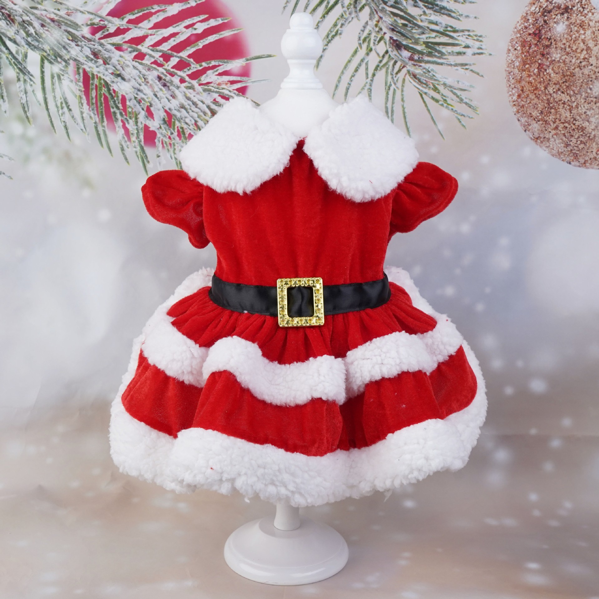 Christmas Dog Dress with Ruffled Sleeves, Lamb Wool Collar, Cotton Material, Warm & Comfortable, 4 Sizes (S-XL) for Dogs 1.5-8kg, Perfect for Christma