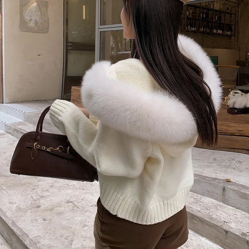 2024 Autumn Hooded Cardigan With Real Fur Stripe Long Sleeve Female Cardigans Zipper Causal Sweater Hood 250911