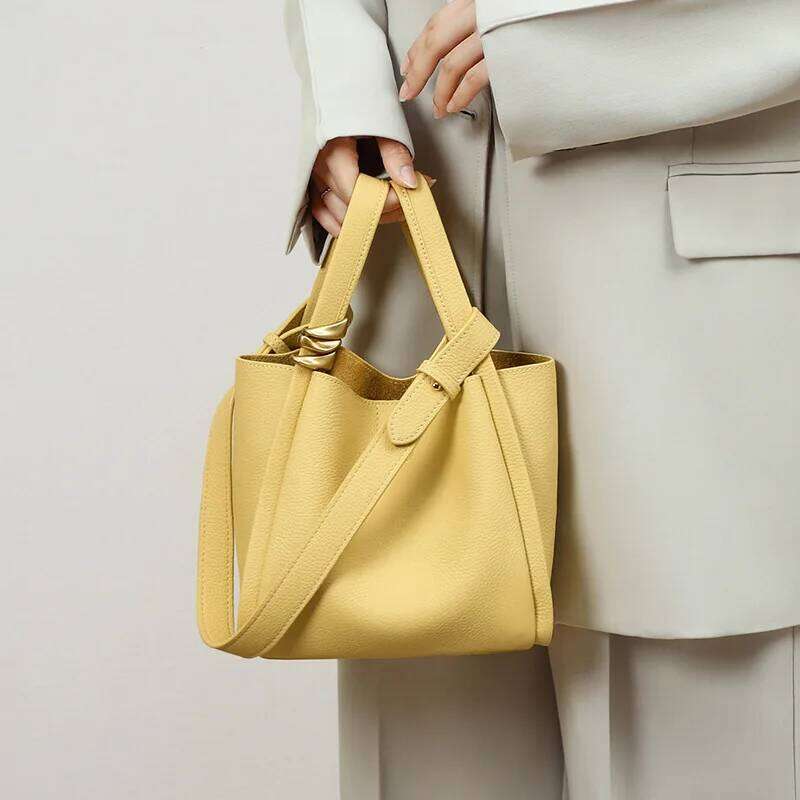 Spring Summer Yellow Bucket Tote Brand Designer Fashion Cowhide Leather Women Handbag Luxurious Ladies Shoulder Bag