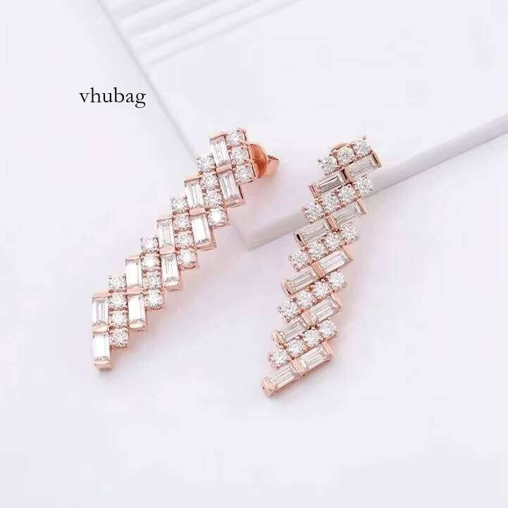 Women's Rose Gold Dangle Drop Earrings Baguette Round Moissanite Wedding Jewelry with Gift Box