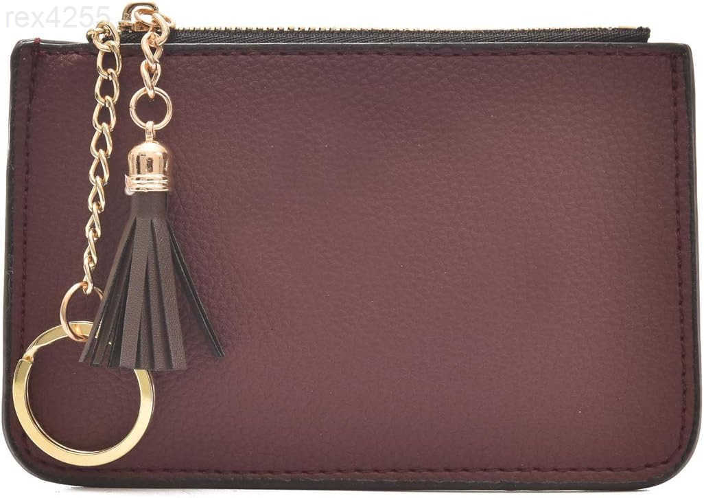 Coin Purse Change Wallet Pouch Leather Card Holder with Key Chain Tassel ZipBurgundyW250911