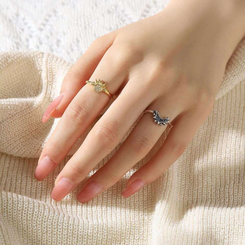 and Set, Sparkling Sun Ring/Blue Moon Ring with 14k Gold/Sier Plating, Friendship Promise Ring, Stackable Celestial Rings, Gift for Women