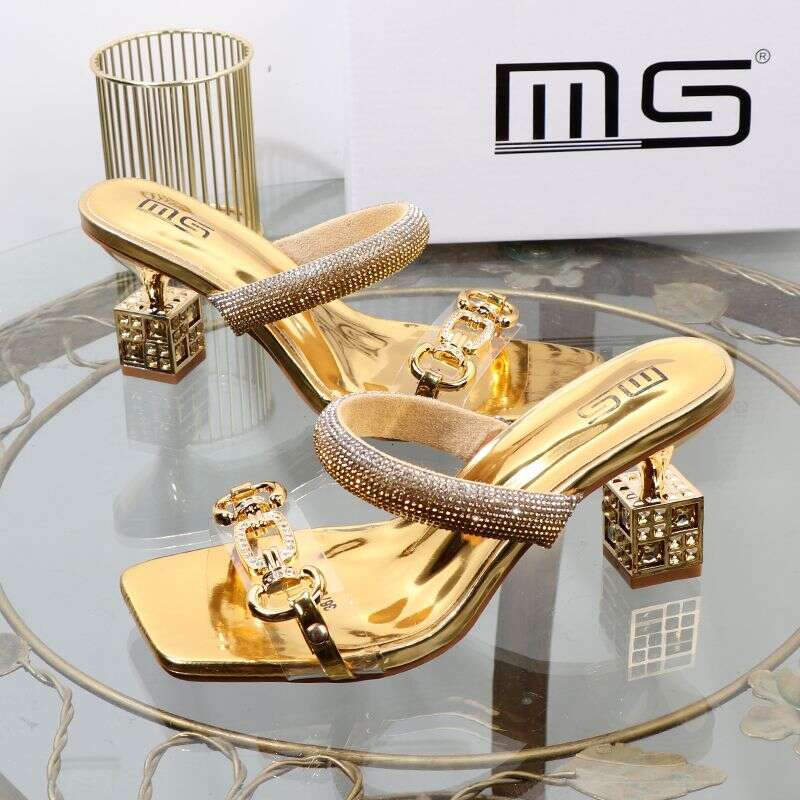 Aesthetic Gold One Word Slipper 2025 Summer New Fashion Thick Irregular Metal High Heel External Wear Sandal