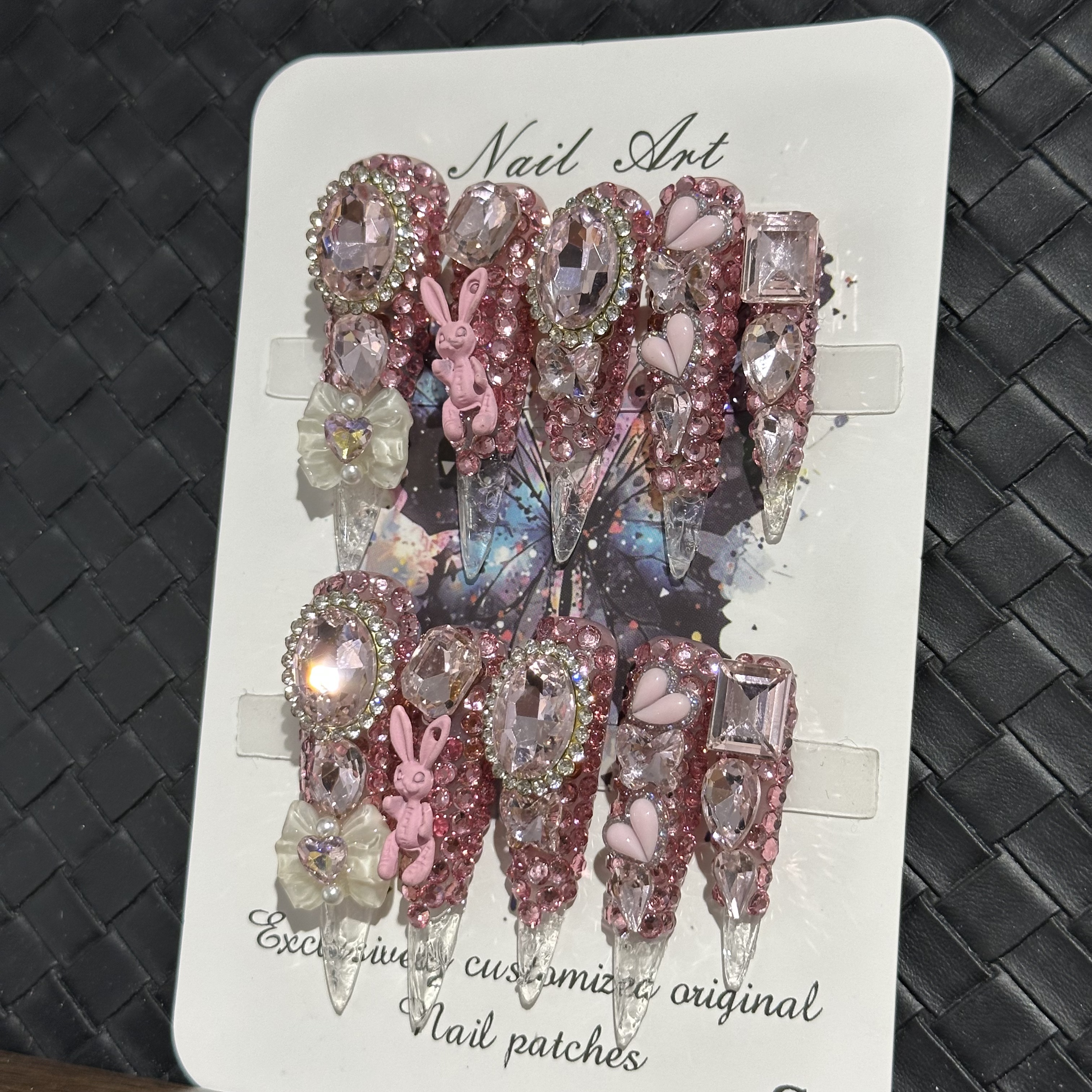 Fake nails, pink flower rabbit diamond bow, hand drawn, trendy and fashionable, European and American Instagram style, extra long, handmade