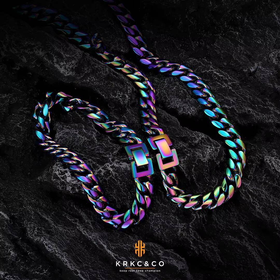 KRKC FaMoissaniteory 2021 Fashion 8mm Real Gold Plated Colorful Stainless Steel Miami Curb Rainbow Cuban Link Chain Necklace Set for Men