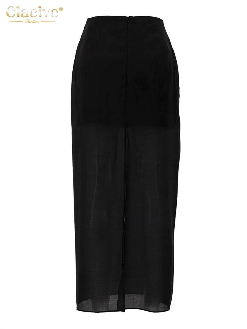 Clacive Fashion Loose Balck Women Casual High Waist Ankle Length Skirts Elegant Classic Mesh Spliced Skirt Female Clothing dongdumaoyi
