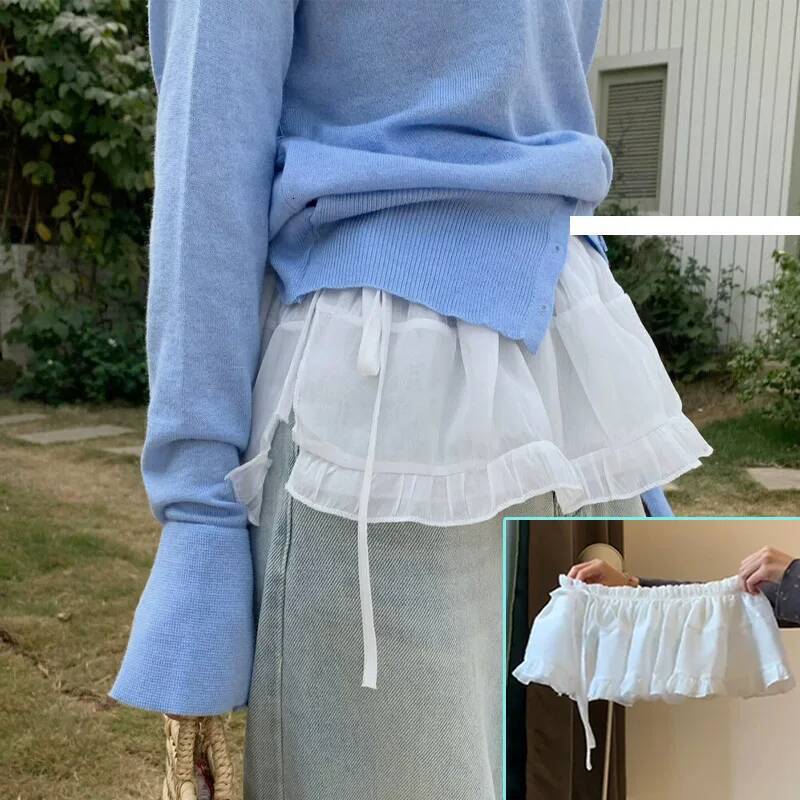 French Lace Ruffle Trim Belted Short Pencil Spring Layered Apron Curtain A- Line Fluffy Half-length Skirt Commute dongdumaoyi