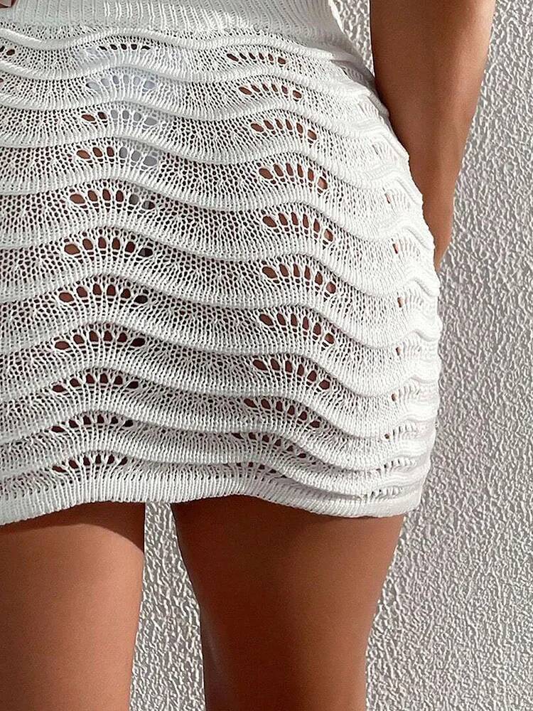 Beach Fashion Elegant Solid Color Hollow Bikini Blocked Knitted Short Skirt dongdumaoyi