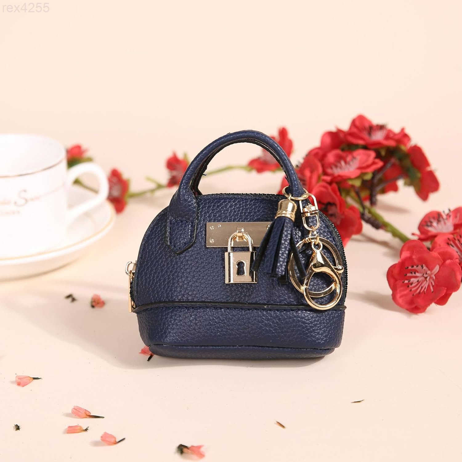 Mini Tote Purse Keychain Cute Tote Bag Coin Purse Keychain Mini Backpack Keychain Wallet PU Leather Deep BlueW250911