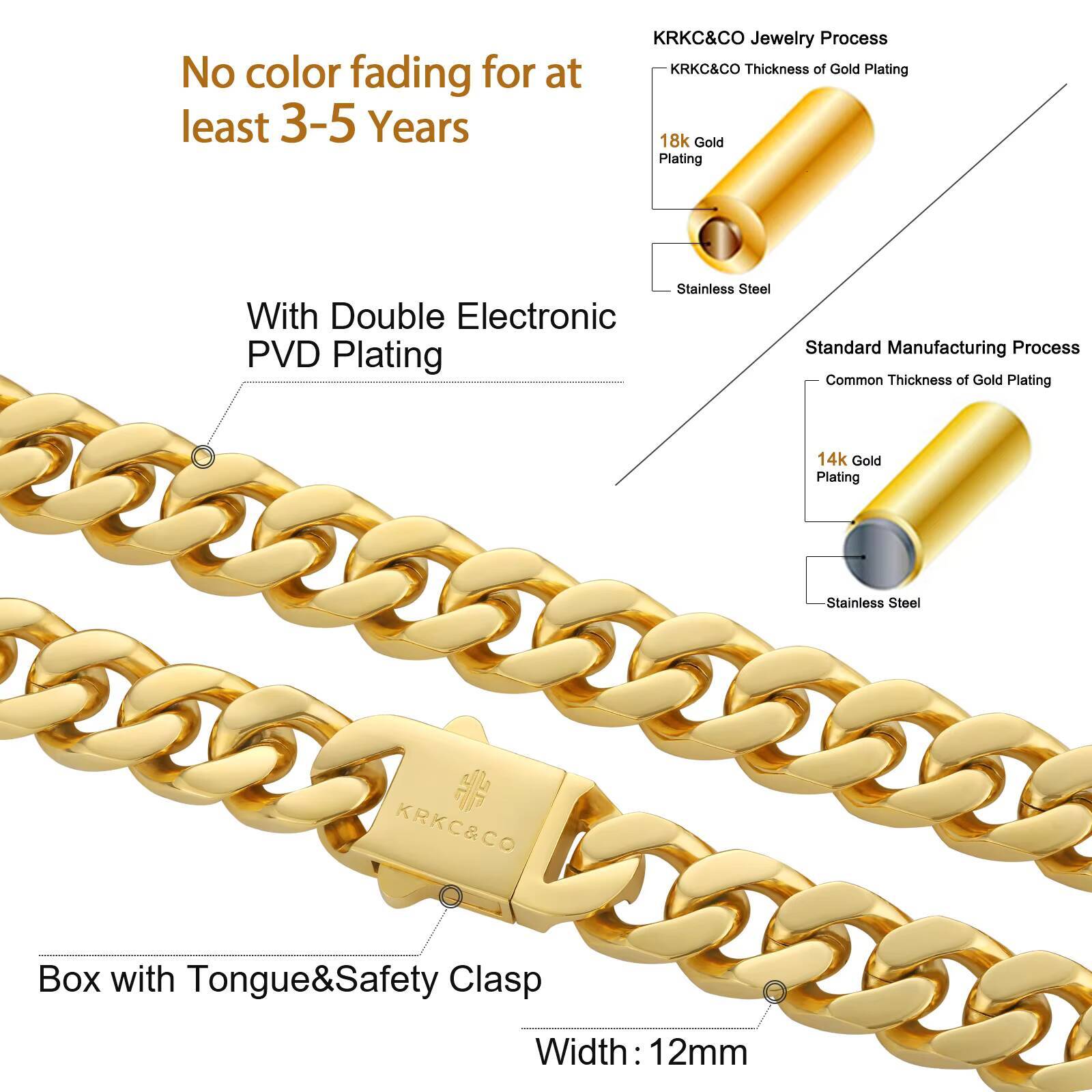 KRKC Wholesale Hip Hop Jewelry 12mm 14mm 18K Gold Plated Stainless Steel Miami Cuban Link Necklace Mens Chains