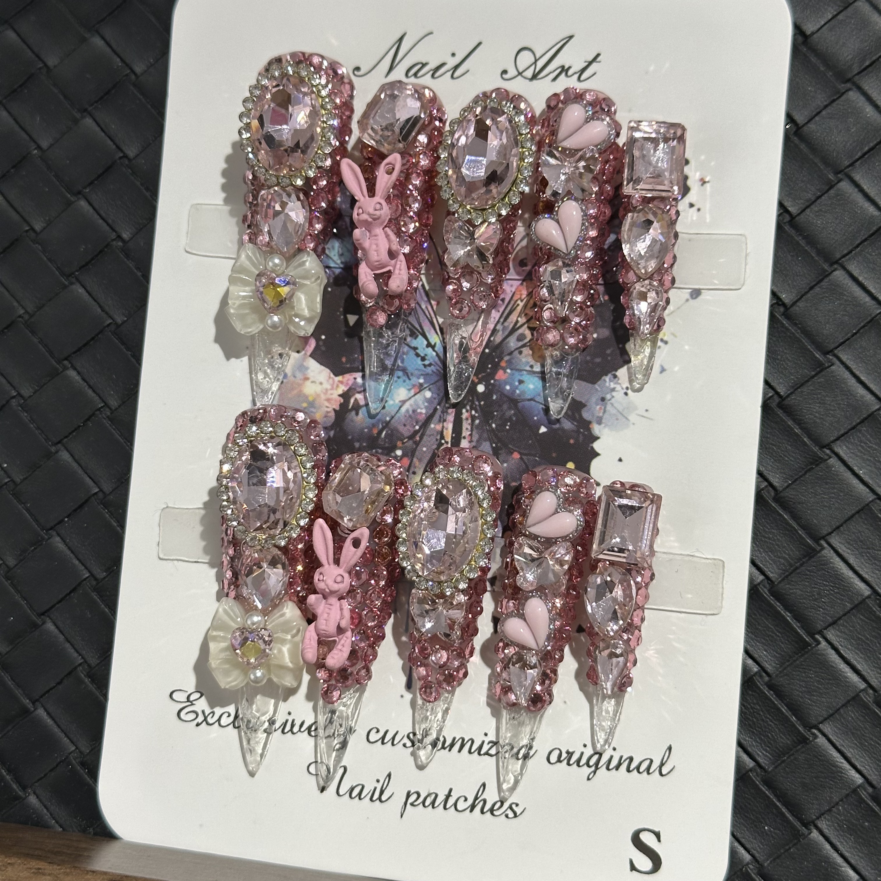 Fake nails, pink flower rabbit diamond bow, hand drawn, trendy and fashionable, European and American Instagram style, extra long, handmade
