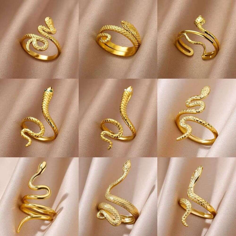 Stainless Steel Snake Gold Plated Open Ring Gothic Punk Style Animal Exaggerated Jewelry