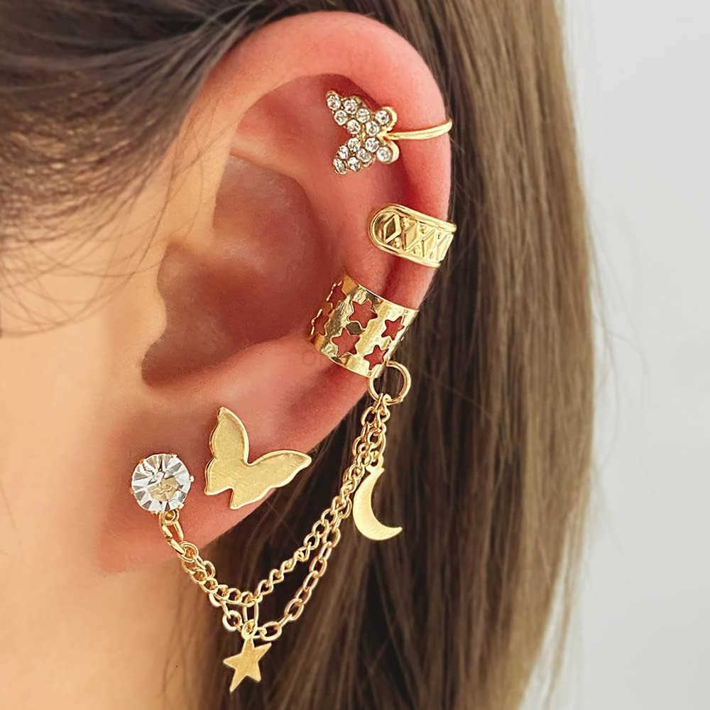 22Pcs Gold Ear Cuffs Earrings for Women Non Piercing Lightweight Adjustable Hypoallergenic Fake Clip On Cartilage Butterfly Chain Twist Helix Leaf Wra