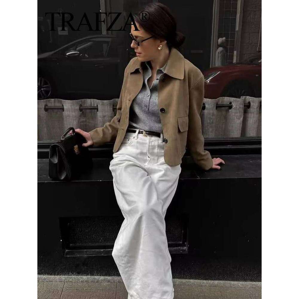 TRAFZA Vintage Women's Solid Suede 2025 Long Sleeve Pocket Single Breasted Female Crop Jacket Lady High Street Outerwear