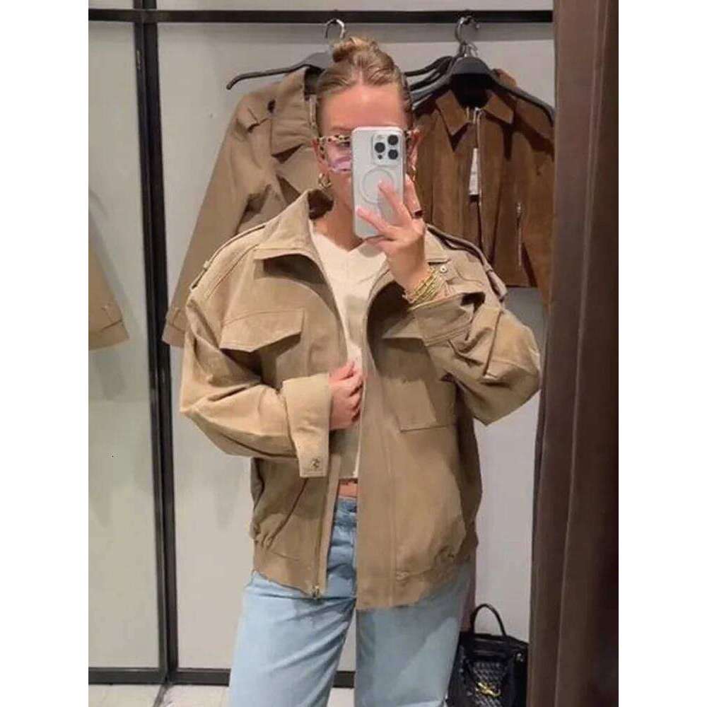 Women's Chic Zipper Bomber Coat Fashion Stand Collar Long Sleeve Pocket Female Jacket Lady 2025 Autumn Winter Casual Outerwear