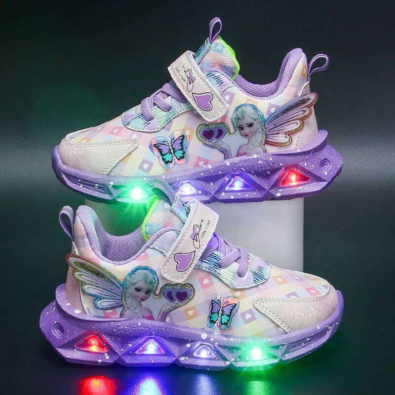 Sports Led Lights Sneaker Cartoon Frozen Princess Elsa PU Leather Girls' Pink Children's Running Shoes