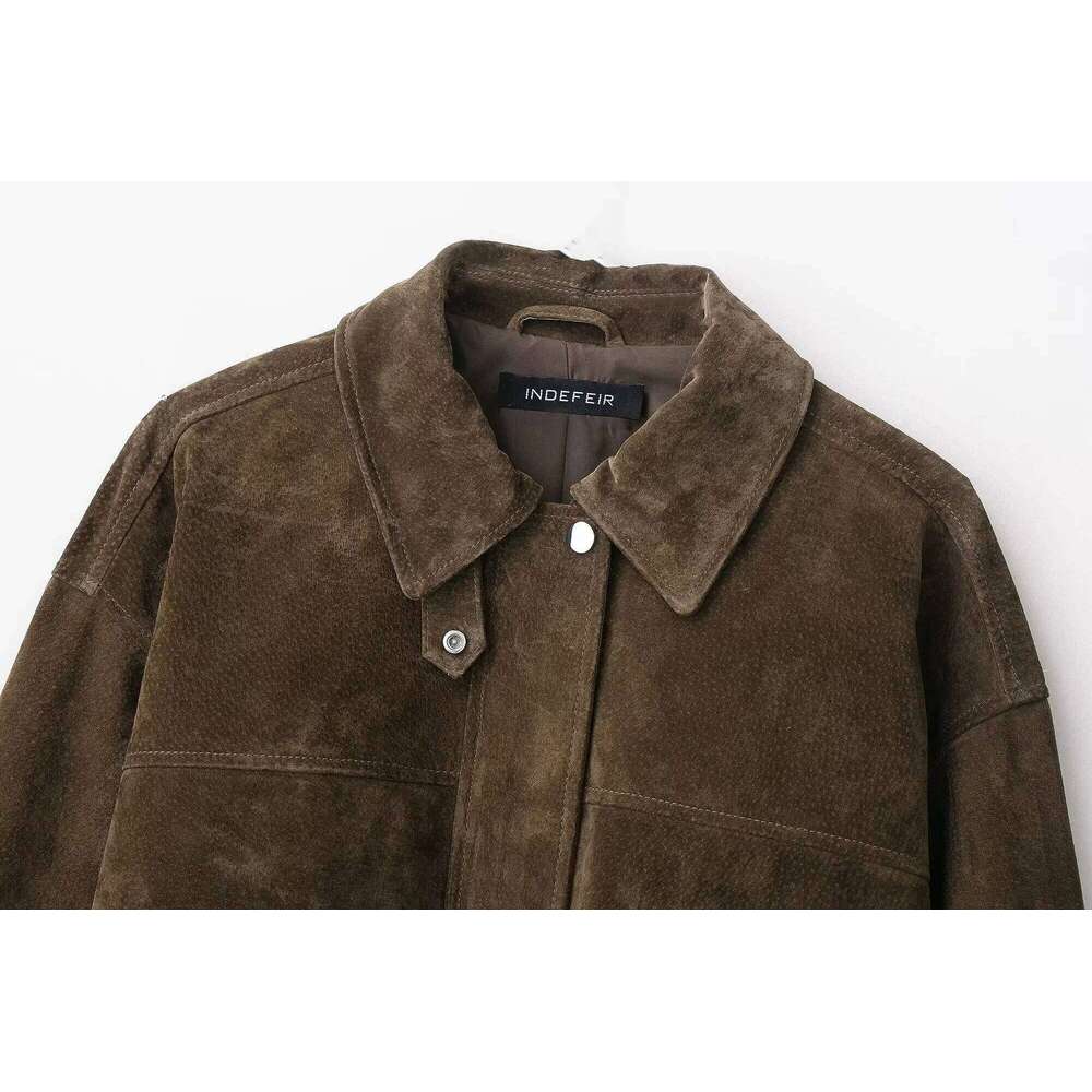 2025 Spring Autumn Vintage High Street Topsfashion Loose Khaki Suede Jacket Women Lapel Zipper Long Sleeve Pockets Coat Female