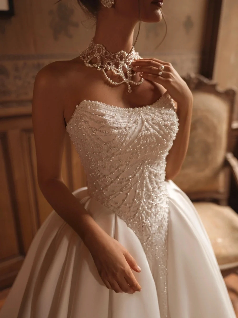 Elegant Pearls Strapless Wedding Dress 2026 Beading Princess A-line Church Court Train Bridal Bride Gown Vestido de Noiva