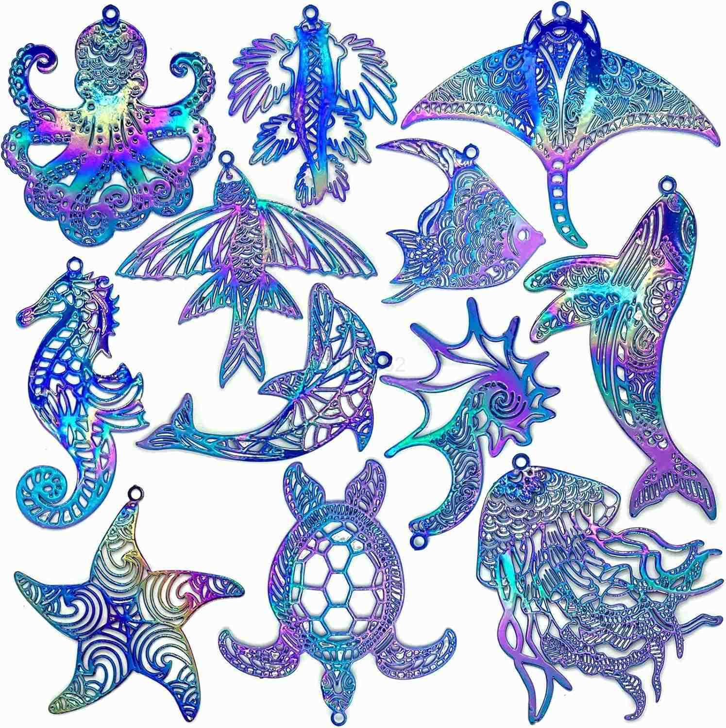 24pcs Assorted Ocean Charms Dazzling Colorful Filigree Metal Embellishment Hollow Sea Animal Pendants for DIY Jewelry Making Earrings Necklaces Hangin