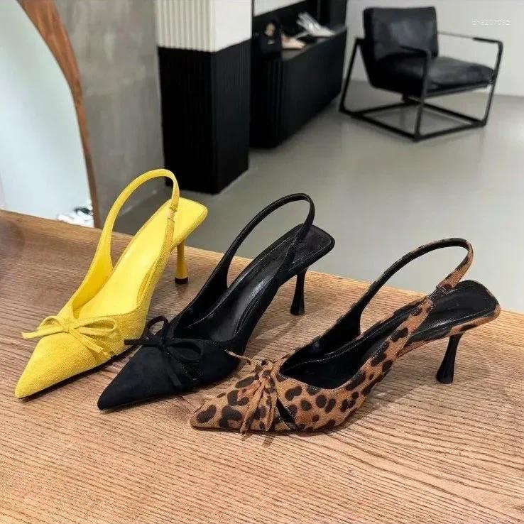 Dress Shoes Women's Kitten Heels Slingbacks Sandals Leopard Genuine Leather Pointed Toe Party Wedding Woman Quality Pumps Bow