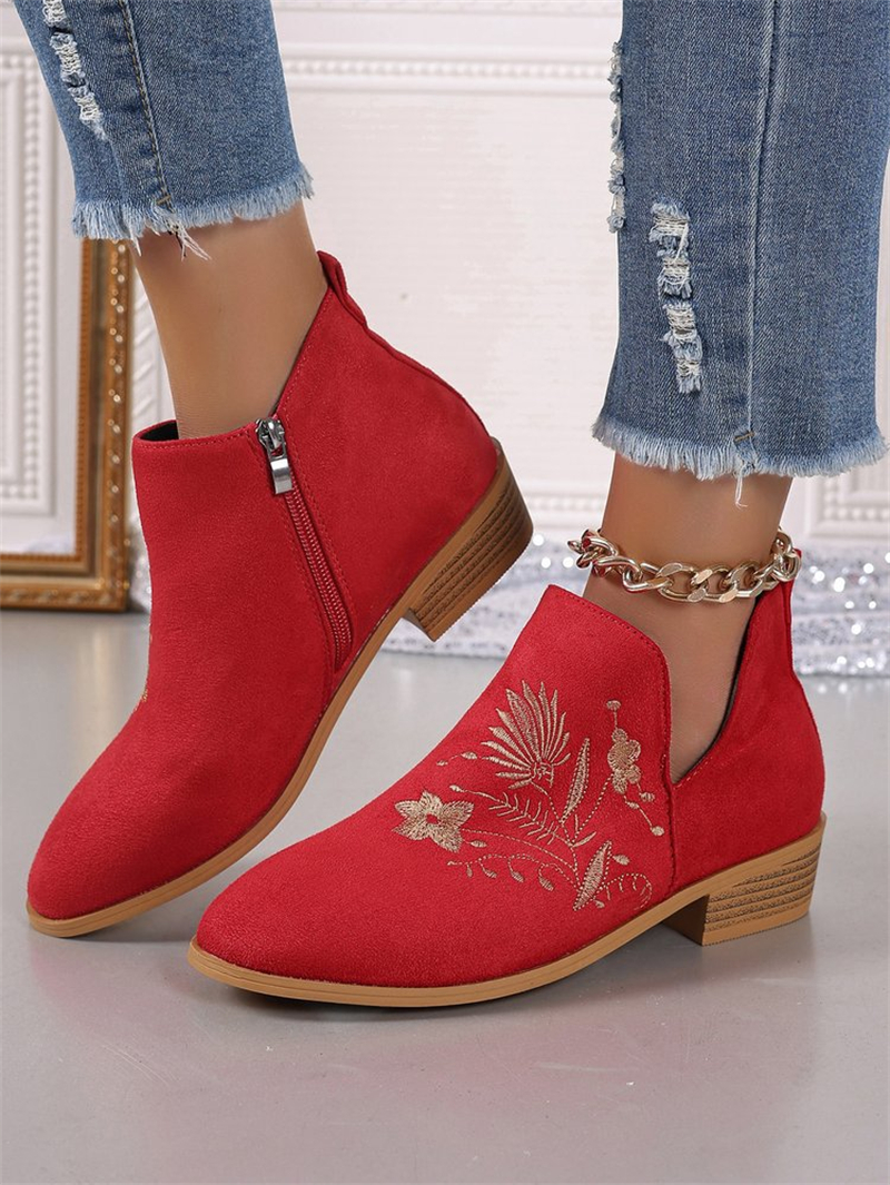 free shipping designer shoes Autumn New Large Embroidered Martin Boots Women's Coarse Heel Side Zipper Short Boots size 36-43 black red brown