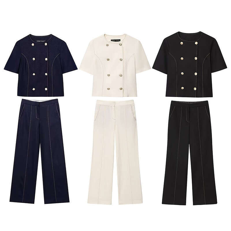 DHEssentials Women's Autumn Round Neck Linen Blend Line Chanel Style Short Sleeve Blazer + Draped Straight Solid Color Stitched Pants