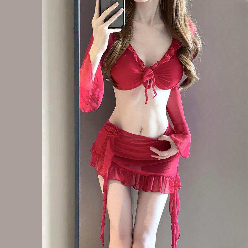 New Red Bikini Four-Piece Two-Piece High-End Sexy Pure Desire Internet Celebrity Small Chest Slimming Swimsuit for Women