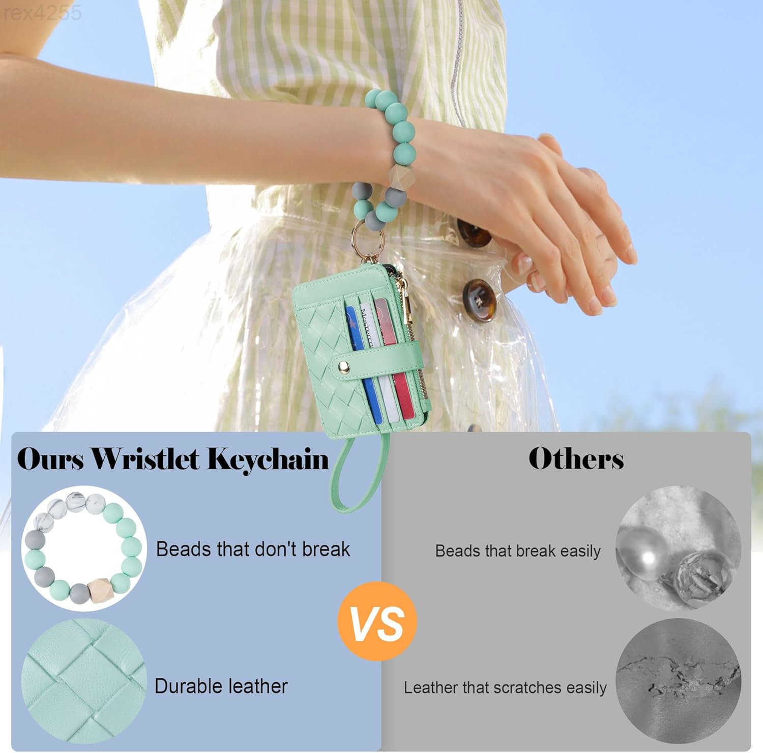 Keychain Wallet with Bracelet RFID Blocking Wristlet Credit Purse Card Holder Silicone Bead Tassel Key Ring for WomenW250911
