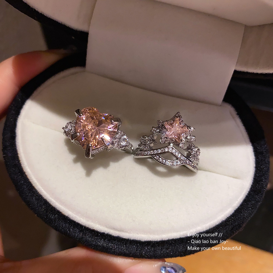Silver - Toned Ring With Pinkish Orange Heart - Shaped Crystal, Accent Stones Detail Delicate Daily & Elegant Jewelry Gift For Her High - Quality And 
