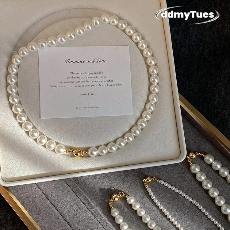 Australian White Magnetic Clasp Perfect Round Pearl Necklace 2024 New Style Layered Collarbone Chain Light Elegant Jewelry ddmythur TUES