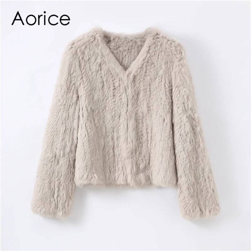 Aorice Women Real Rabbit Fur Coat Jacket New Female Knitted Casual Coats Jackets Parka CT125