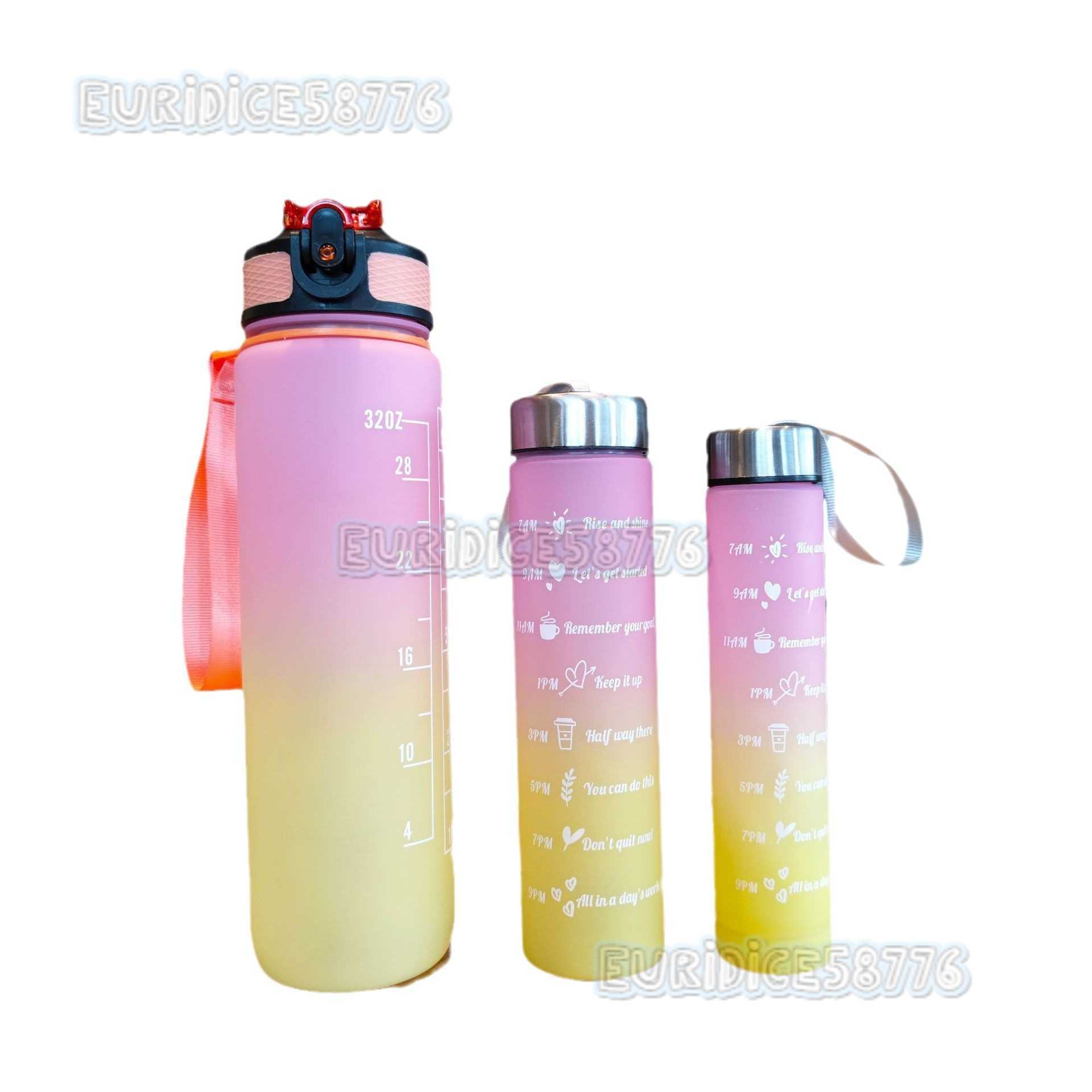 Gradient Color Threepiece Set Space Cup Summer Frosted Sports Water Cup Portable Strap Duckbill Straw Plastic Cup H250911