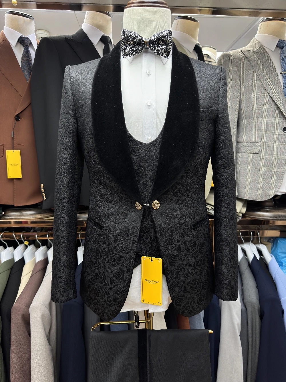 Vintage Men's Suit Jacquard Tailor-Made 3 Pieces Set Jacket Shawl Lapel Blazer Velvet One Button Groom Customized Coat Vest Pants Plus Size