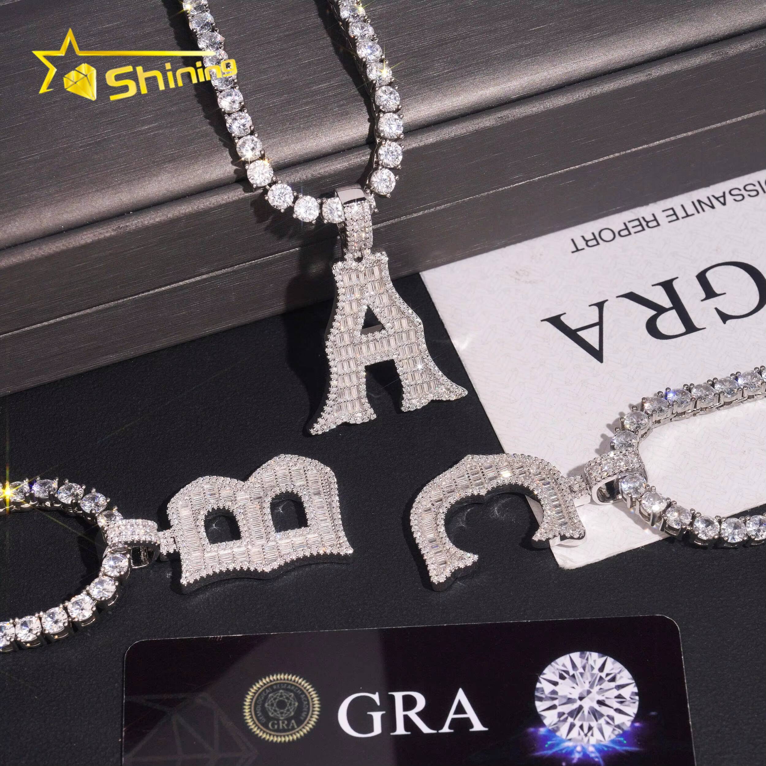 Pass Diamond Tester Baguette 925 Silver Hip Hop Bling Iced Out Moissanite A B C Letter Pendant