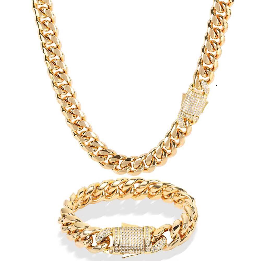 NUOYA 18k Gold Plated 10mm 12mm Mens Miami Stainless Steel Cuban Link Chain Necklace Men Jewelry Cuban Links