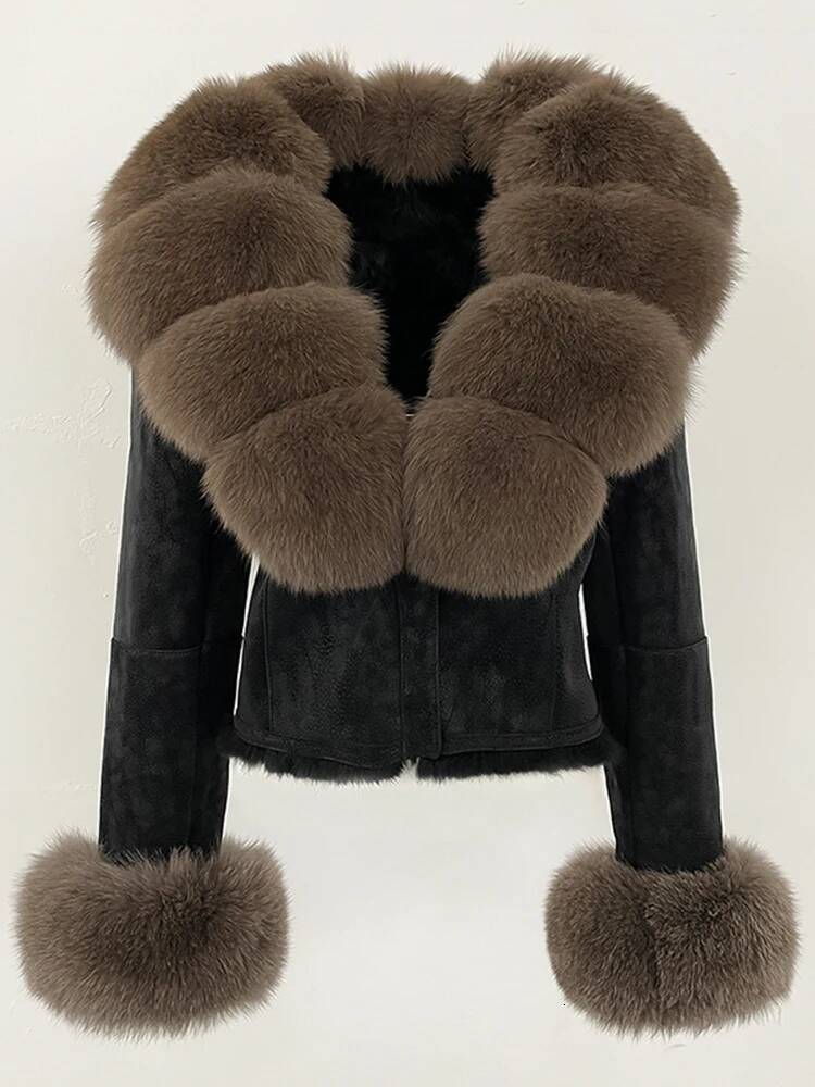 OFTBUY Fashion Short New Autumn Winter Clothing Real Rabbit Liner Suede Jacket Women Natural Fox Fur Collar Coat Female