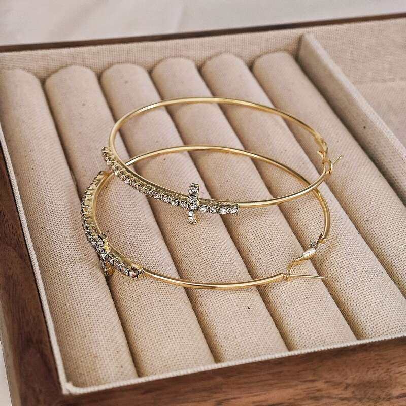 Accessories Gold Cross Inlaid with Dias Simple Hoop Unique Exaggerated Circle Earrings Studs for Women