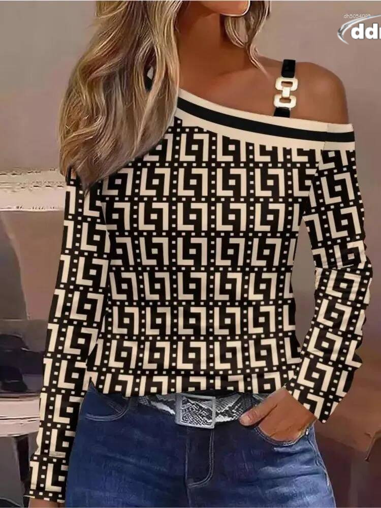 Women's T Shirts Autumn Fashion Long Sleeve Women Sexy Off Shoulder Top Spring Elegant T-shirt Print Casual Tops Female TUES