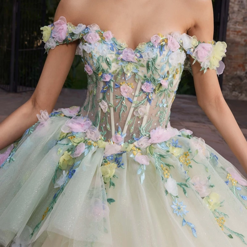 Light Green Quinceanera Dresses Ball Gown Off The Shoulder Applique Flower Bow Beads Tull Tiered Sweet 16 Dress Vestidos 15 De Anos