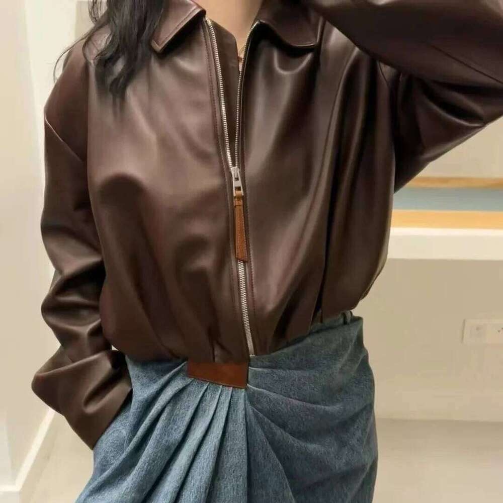 Natural Jacket For Women Lambskin Bomber Biker Jacket Long Sleeves 100% Sheepskin Leather Coat Folded Short Tops Woman