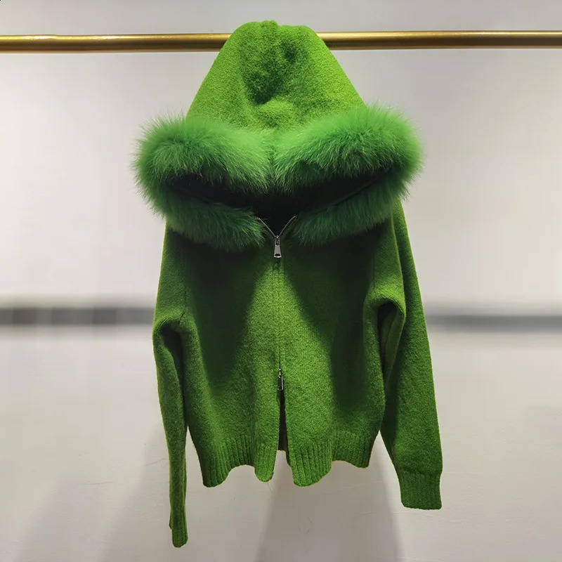 2024 Autumn Hooded Cardigan With Real Fur Stripe Long Sleeve Female Cardigans Zipper Causal Sweater Hood 250911