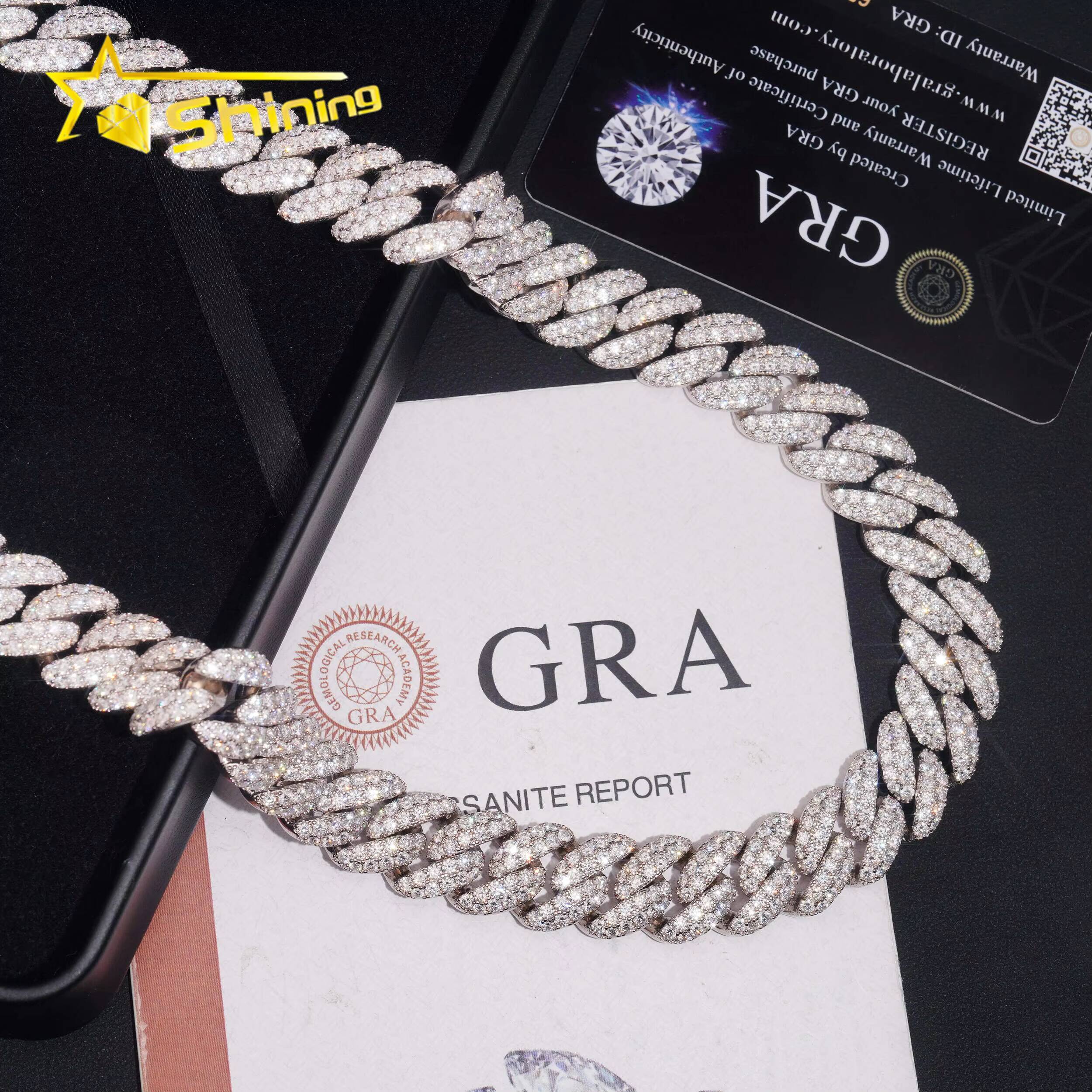 Moon Shape Miami Cuban Link Moissanite 12mm Necklace Iced Out Moissanite Pass Diamond Test 925 Silver Hip Hop Cuban Link Chain