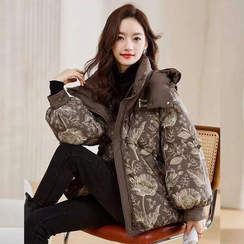 High-End Luxury Small Jacket for Women Winter New Printed Petite Thickened Slimming Melard Cotton Coat