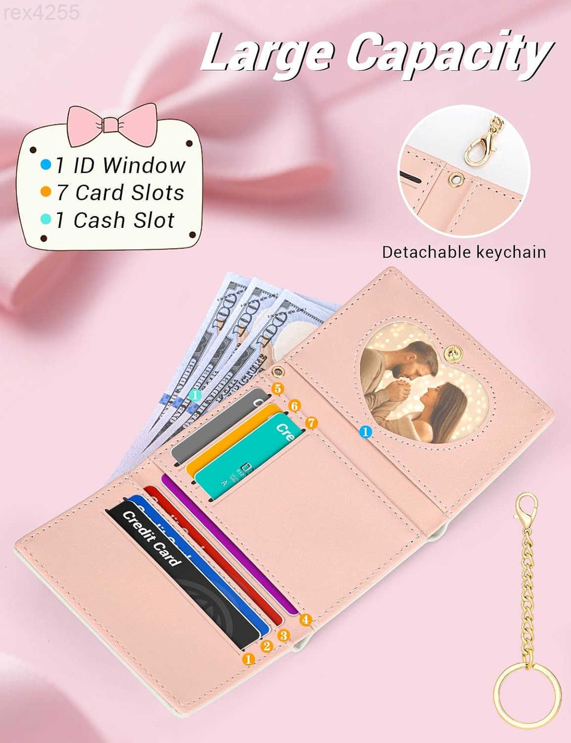 Coquette Bow Wallet for Women Small Slim Trifold Womens Wallet with Key chain Cute Aesthetic Card Holder ID Window for Girl WhiteW250911