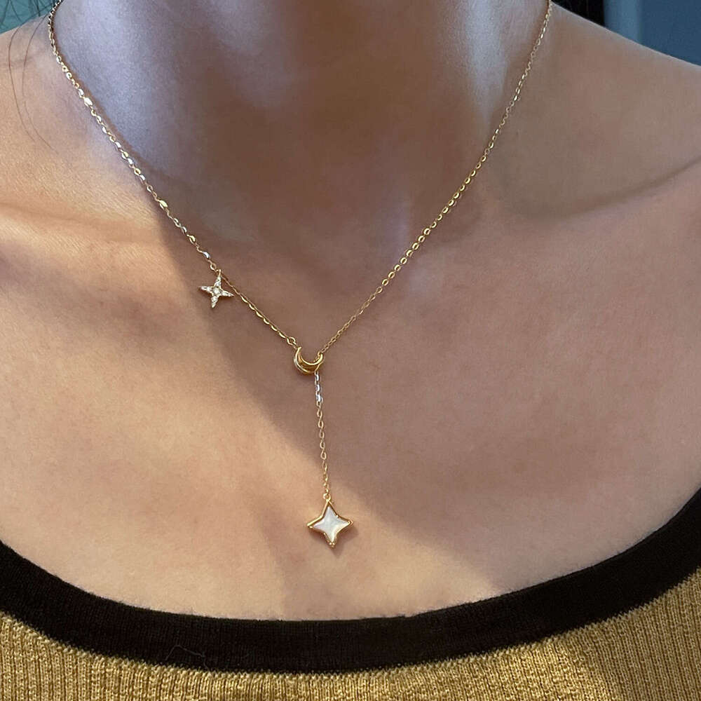 S Pure Sier Gold-Plated Star Moon White Shell Pendant Tassel Necklace for Women Elegant and Exquisite Collarbone Chain